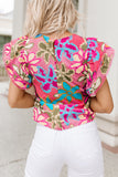 Multicolor Vibrant Floral Print Trimmed Ruffle Sleeve Blouse