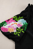 Black Floral Embroidered Puff Sleeve Notched Neck Blouse
