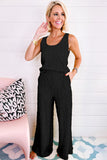 Black Crinkled U Neck Tank Top and Wide Leg Pants Set