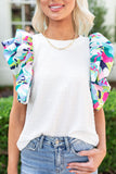 White Voluminous Printed Puff Sleeve Textured Top