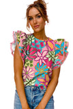 Multicolor Vibrant Floral Print Trimmed Ruffle Sleeve Blouse