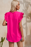 Rose Red Notched Neck Ruffle Sleeve Blouse