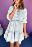 Dusk Blue Acid Wash Retro Half Sleeve Flared Denim Dress