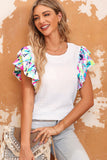 White Voluminous Printed Puff Sleeve Textured Top