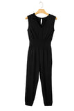 Black Shirred High Waist Sleeveless V Neck Jumpsuit