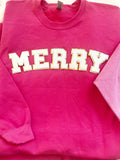 Dark Pink Merry Chenille Letter Glitter Patch Tee/Sweatshirt