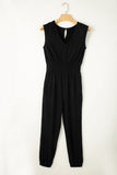 Black Shirred High Waist Sleeveless V Neck Jumpsuit