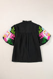 Black Floral Embroidered Puff Sleeve Notched Neck Blouse